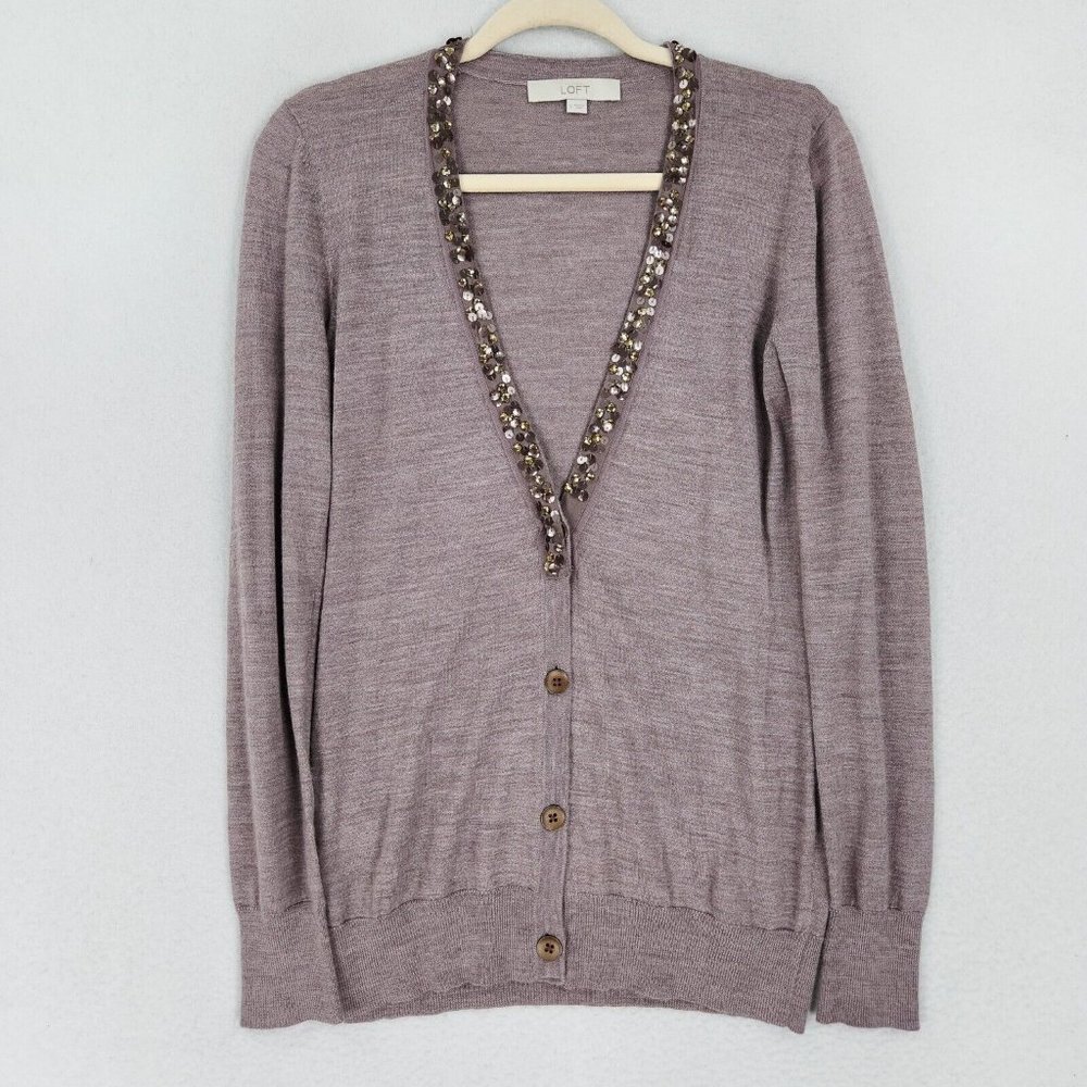 Ann Taylor LOFT Sweater Women Small Brown Sequin Cardigan Button Front Wool